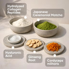 Bowls of hydrolyzed collagen peptides, Japanese ceremonial matcha, hyaluronic acid, ginseng root, and cordyceps militaris on a neutral background.